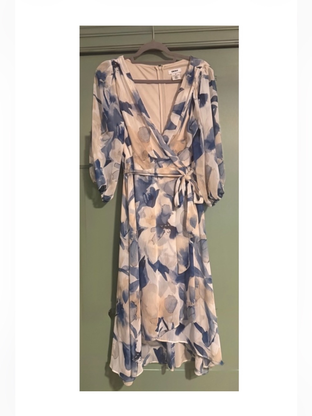 DKNY Cream and Blue Floral High-Low Wrap Dress